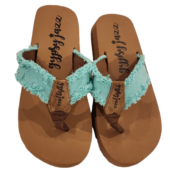 Gypsy Jazz Shoes - Gypsy Jazz "Tan Soled in the Sun Frayed Edge Flip Flops Size 8 NWOT